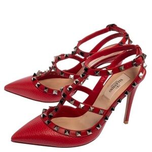 Valentino Red Leather Rockstud Pointed Toe Ankle Strap Sandals Size 40